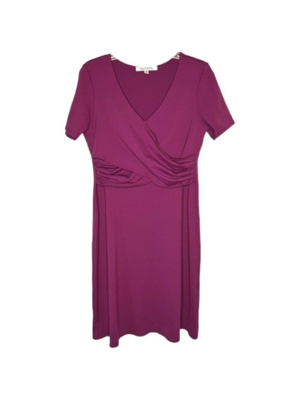 TravelSmith V-Neck Short Sleeved A-Line Dress w/ Criss Cross Bodice - Plum - M